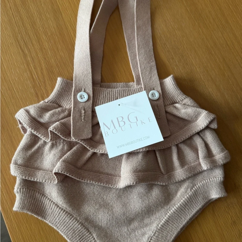 Adorable Tan Ruffle Suspender Baby Romper